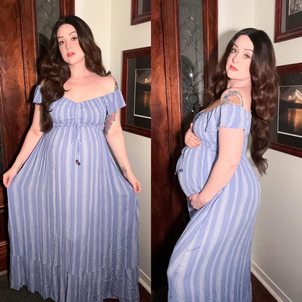 Elegant Blue Striped Maternity Dress - Medium
